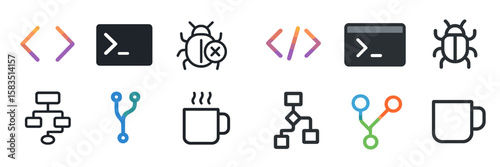 Different types of programming and debugging icons representing various coding concepts and practices
