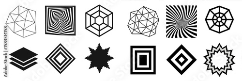 Geometric patterns display with various shapes and designs in black and white on contrasting backgrounds