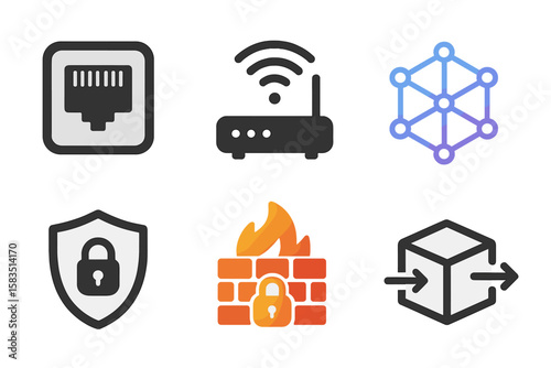 Various icons representing networking, security, and data transmission concepts showcased in a modern design