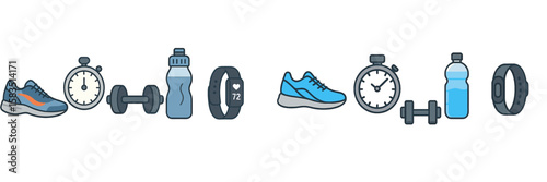 Fitness gear including running shoes, water bottles, and gym accessories for an active lifestyle in a healthy setting