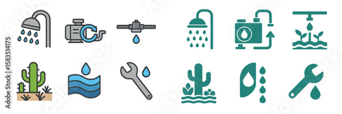 Water conservation icons depict various methods and tools for efficient water usage in gardening and irrigation systems