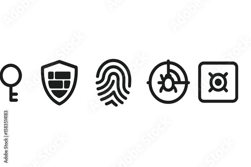Various symbols representing security measures including keys, shields, fingerprints, targets, and safes on a minimalistic background