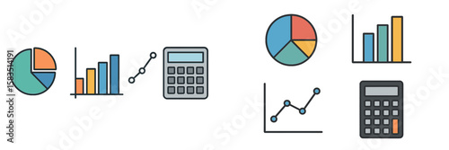 Colorful graphs and calculators illustrate data analysis in a modern workspace setting