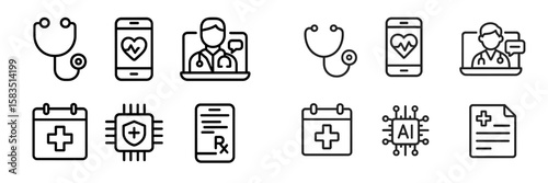 Healthcare technology icons representing telemedicine, digital health records, and AI in medicine during modern healthcare innovations