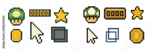 Pixel art collection featuring game icons including mushrooms, stars, and coins in vibrant colors on a plain background