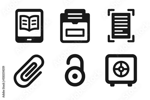 Icons representing various office supplies and digital files for organizational purposes in a modern workspace