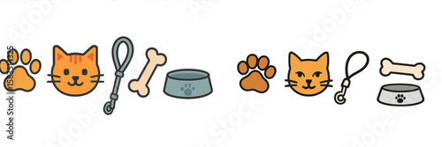 Fun and playful collection of pet illustrations featuring cats and dogs with accessories and food items