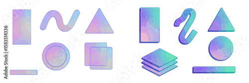 Colorful abstract geometric shapes displayed on a gradient background with various compositions and orientations