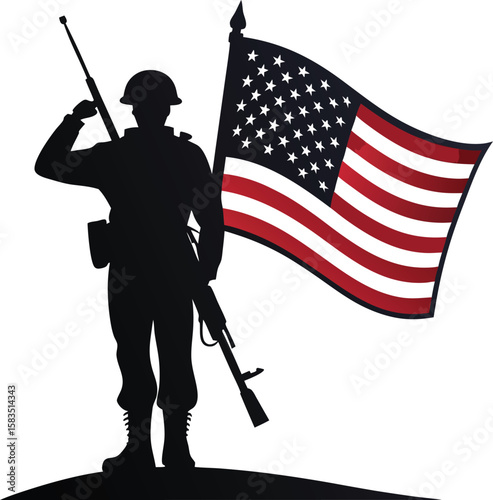 Silhouette of an American soldier holding a flag, a powerful illustration of a military warrior