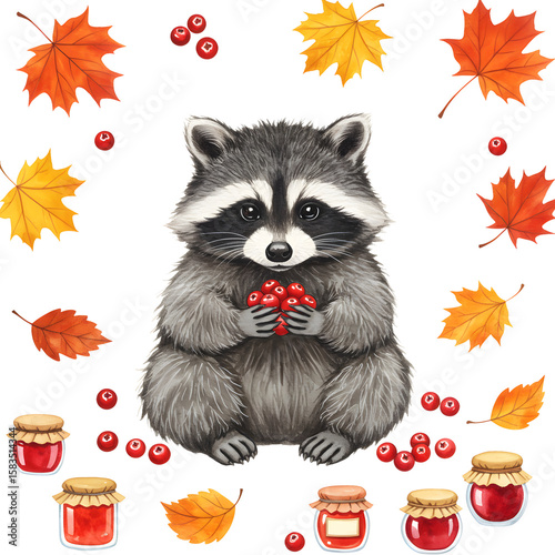 Raccoon holding red berries surrounded by autumn leaves
