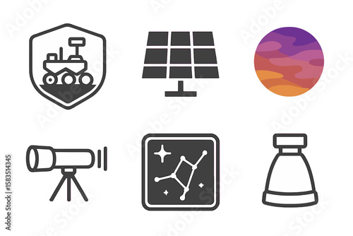 Exploring the universe and harnessing solar energy with various tools and symbols