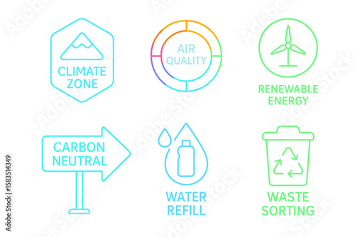 Infographics showcasing sustainability concepts including carbon neutrality, renewable energy, and waste sorting practices