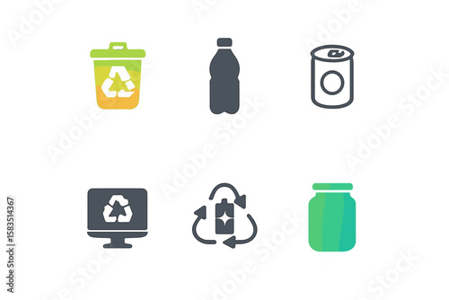 Six colorful recycling icons representing various recyclable materials and waste management concepts