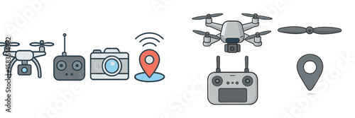 Drones in action with controllers and a location marker at a tech event showcasing advancements in aerial technology