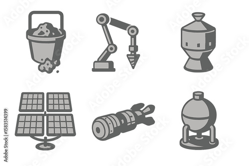 Industrial equipment icons showcasing mining, robotics, and renewable energy technologies