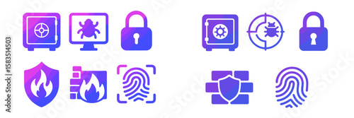 Colorful cybersecurity icons representing protection and prevention measures for digital threats and data security