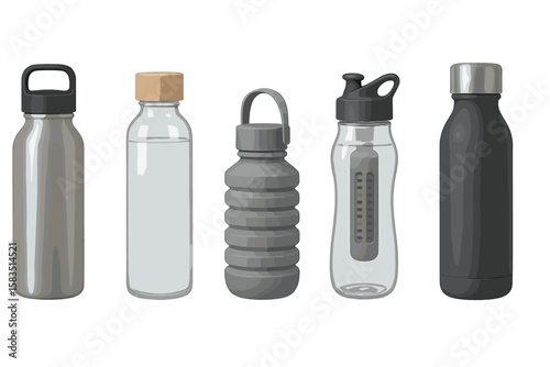 Various types of water bottles displayed together showing different sizes and designs for outdoor and everyday use