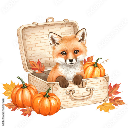 Fox sitting in a basket with pumpkins and autumn leaves