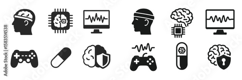 Various icons representing mental health, gaming, and technology in a modern design context