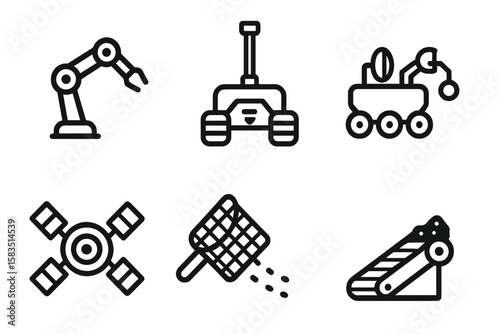 Various robotic and mechanized symbols representing modern industrial processes and automation technologies