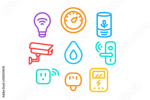 Home automation and smart technology icons represented by colorful symbols in a grid layout