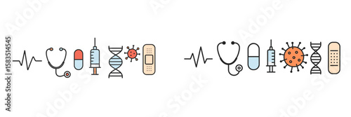 Medical symbols illustrate healthcare concepts with stethoscope, medicines, and viruses in a clear visual design