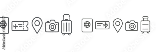 Travel icons representing journey elements like passport, camera, luggage, and location marker for adventure planning