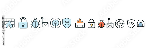 Security icons representing various aspects of cybersecurity and digital safety measures in a minimalist design