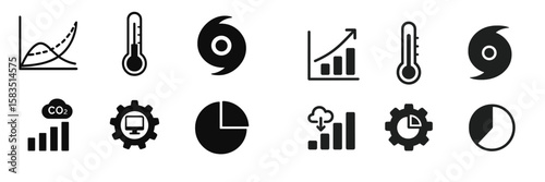 Various symbols representing data analysis, weather patterns, and environmental metrics in a modern graphical style