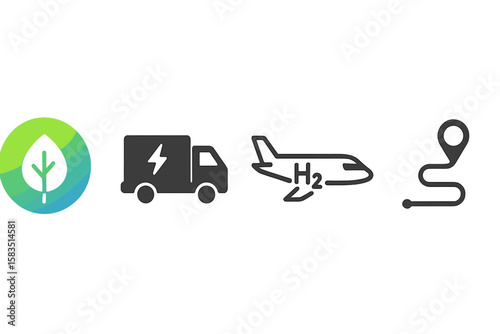 Symbols representing eco-friendly transportation options including electric vehicles and hydrogen fuel