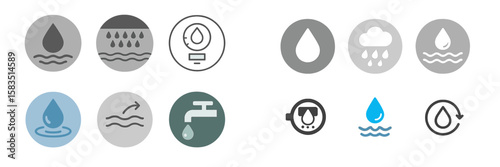 Water conservation symbols represented in a variety of icons illustrating different water-related concepts and actions for education