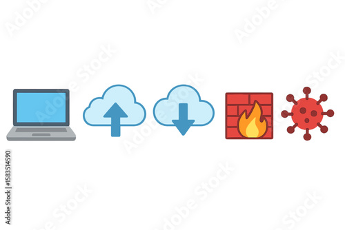 Cybersecurity elements representing data transfer, firewall protection, and malware threats in a digital environment
