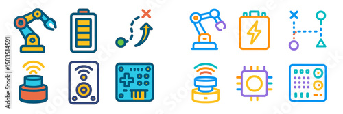 Icons representing technology and automation tools in colorful designs for educational resources or presentations