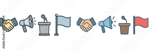 Visual representation of public speaking, negotiation, and communication in a political context at a conference setting