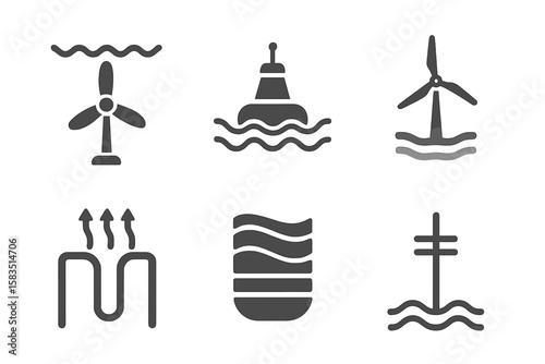 Renewable energy icons representing wind turbines, buoy, and wave energy technologies in a modern design