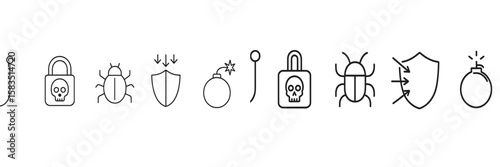Collection of security icons representing various threats and protections in a digital environment