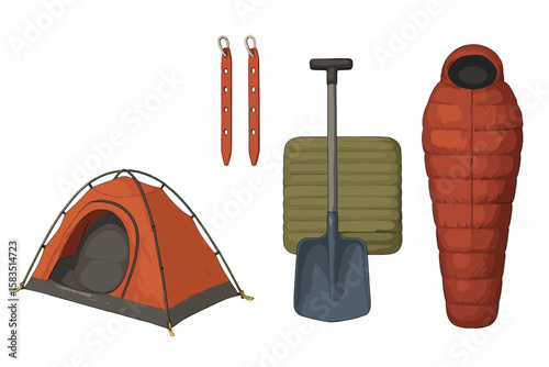 Essential camping gear including tent, sleeping bag, shovel, and stakes for outdoor adventures during summer trips