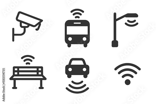 Smart city technology symbols showcasing surveillance, public transport, infrastructure, and connectivity in urban settings