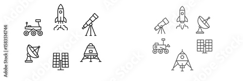 Space exploration icons featuring rockets, telescopes, rovers, and satellites in a minimalist design for educational purposes