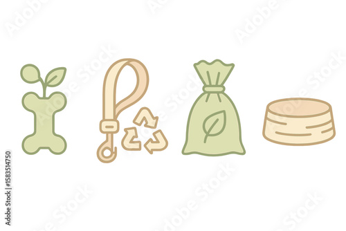Icons representing sustainable pet care essentials including a plant, leash, recycling symbol, and food bowl for environmentally conscious pet owners