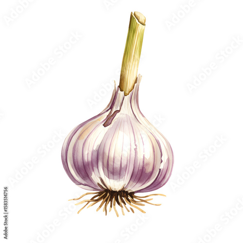 Watercolor garlic bulb illustration on white background