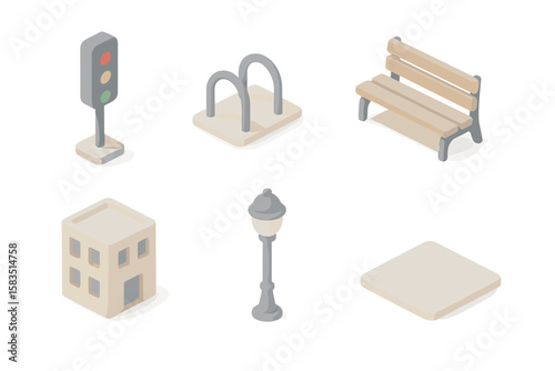 Urban elements including traffic light, bench, and building create a city park setting during daylight