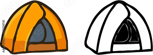 A colorful cartoon dome tent and its black and white outline version.