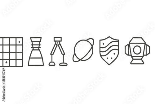 Various minimalist icons representing science concepts, education, and exploration in a modern design layout