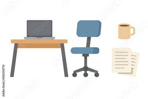 Workspace setup with a laptop, chair, coffee mug, and documents on a wooden desk