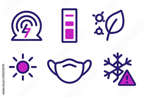 Symbols representing environmental conditions and health precautions for awareness and safety in daily life
