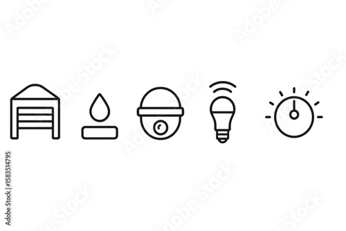 Icons representing home security features including garage door, water sensor, doorbell, smart light, and timer