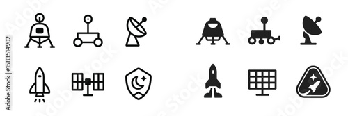 Icons representing various space exploration technologies and missions including rovers, satellites, and rockets