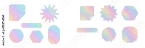 Colorful holographic stickers displaying various geometric shapes laid out on a white background for creative projects and decoration
