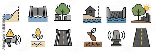 Water management symbols depicted in a series illustrating various elements of environmental engineering and infrastructure